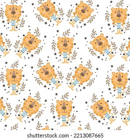 Patrón sin foco con lindos animales de león y flores perfectas para envolver papel