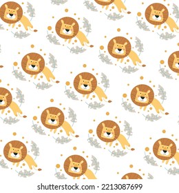 Seamless pattern with cute lion animals and leaves perfect for wrapping paper