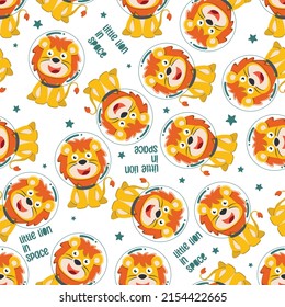 Seamless Pattern Of Cute Lion Astronaut Exploring The Red Planet. Mission To Search For Traces Of Life. Creative Vector Childish Background For Fabric Textile, Nursery Wallpaper, And Other Decoration.