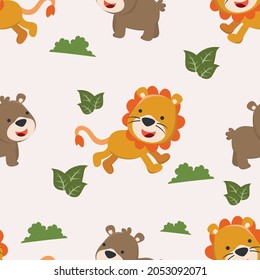 seamless pattern of cute lion and bear in the jungle. Creative vector childish background for fabric textile, nursery, baby clothes, wrapping paper and other decoration.