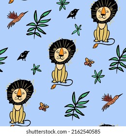 Seamless pattern with cute lion, birds, leaves vector hand drawn illustration in doodle style print for baby textile, fabric, wallpaper, wrapping paper.