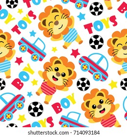 Seamless pattern of cute lion boys, balls and car toys vector cartoon illustration for birthday wrapping paper, fabric clothes, and wallpaper