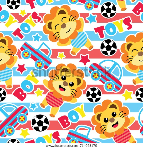 Seamless pattern of cute lion\
boys, balls and car toys on striped background vector cartoon\
illustration for birthday wrapping paper, fabric clothes, and\
wallpaper