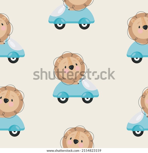 Seamless Pattern\
with cute Lion in the car. Vector illustration. For greeting card,\
posters, banners, the card, printing on the pack, printing on\
clothes, fabric,\
wallpaper.