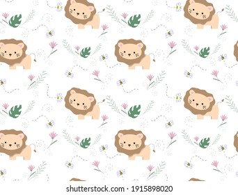 Seamless pattern with cute lion in cartoon style. Perfect for children.