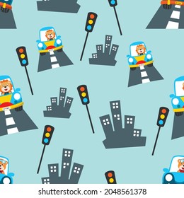 seamless pattern of cute lion cartoon having fun driving a city car on sunny day. Can be used for t-shirt print, Creative vector childish background for fabric textile, and other decoration.