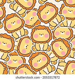 Seamless pattern cute lion cartoon in sitting pose background Animal character design Wild Zoo Repeat Kawaii Image for baby cloth gift paper card banner wallpaper sticker Vector Illustration 