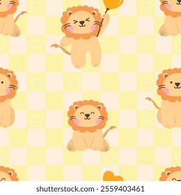 Seamless pattern with cute lion character. Cute vector illustration for kids - lion. Ideal print for fabrics, textiles and gift wrapping Baby Shower