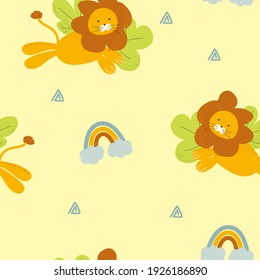 
seamless pattern with cute lion. children's print with an animal and a rainbow on a yellow background
