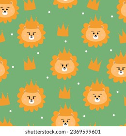 Patrón sin foco de tierno león con una corona en la cabeza para impresiones de tela, textiles, papel de envoltura de regalo. vector colorido para niños, de estilo plano