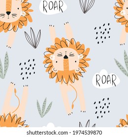 Seamless pattern with cute lion cub and decorative elements on a blue background. Vector illustration for printing on fabric, packaging paper, clothing. Cute baby background