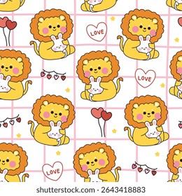 Seamless pattern of cute lion doll hug tiny rabbit with heart balloon background.Friend.Love.Wild and rodent animal character cartoon.Kawaii.Vector.Illustration.