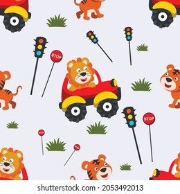 Seamless pattern of Cute lion driving a car go to forest funny animal cartoon. Creative vector childish background for fabric textile, nursery, baby clothes, wrapping paper and other decoration.