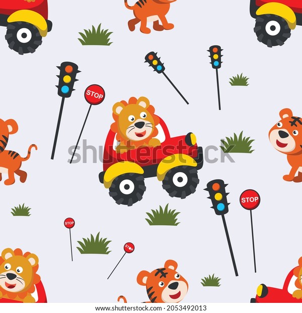 Seamless pattern of Cute lion driving a car\
go to forest funny animal cartoon. Creative vector childish\
background for fabric textile, nursery, baby clothes, wrapping\
paper and other\
decoration.