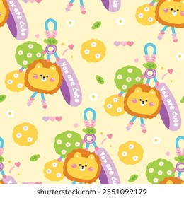 Seamless pattern of cute lion face head keychain bag with bead and furry ball background.You are cute text.Grass,flower,leaf.Wild animal cartoon.Image for card,sticker,decoration item.Kawaii.