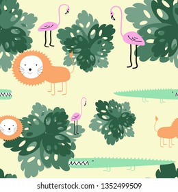 Seamless pattern with cute lion, flamingo, crocodile, tropical leaves. Children's motive, ideal for children.  Great for wrapping, fabric, kids clothes. Vector illustration