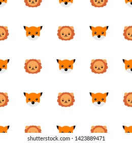 Seamless pattern with cute lion and fox. Vector illustration for design, web, wrapping paper, fabric, wallpaper.