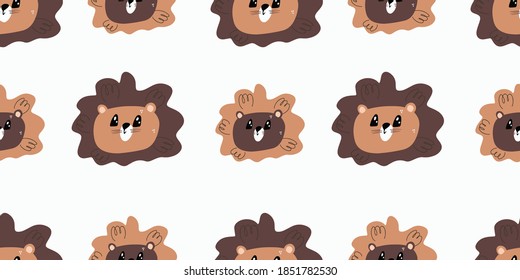 Seamless pattern with cute lion head. Decorative cute wallpaper for the nursery in the Scandinavian style. Suitable for children's clothing, interior design, packaging, printing.