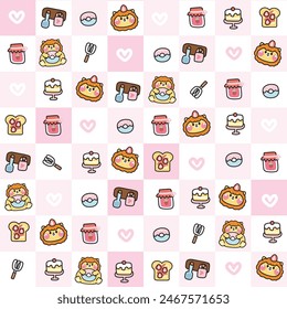Patrón sin fisuras de lindo donut de retención de león con fondo de ícono de panadería. Diseño de dibujos animados de carácter animal salvaje. Imagen para tarjeta, imprimir ropa de pantalla. Corazón, pastel, mermelada, pan, fresa. Kawaii. Vector.