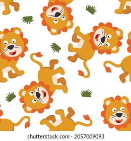 Seamless pattern of cute lion  in the jungle. Creative vector childish background for fabric, textile, nursery wallpaper, poster, card, brochure. and other decoration.