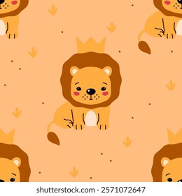 Seamless pattern with cute lion king in crown. Creative childish texture. Great for fabric, textile Vector Illustration. Perfect for wallpaper, pattern fill, web page background, surface textures