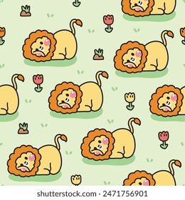 Seamless pattern of cute lion lay on grass with flower and stone background.Jungle.Wild animal character cartoon design.Image for card,sticker,baby clothing.Kawaii.Vector.Illustration