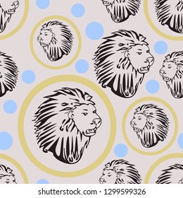 Seamless pattern cute lion on round background