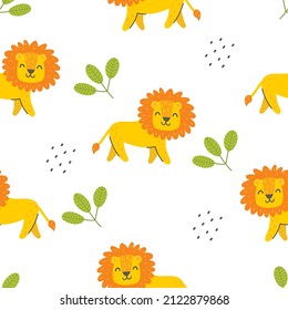 Seamless pattern with cute lion on a white background. Vector childish illustration