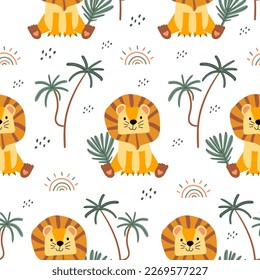 Patrón sin foco con un lindo león, palmeras y arco iris. Animales africanos con encanto y plantas en un estilo plano. Adecuado para el diseño de textiles para niños, papel de envolver, fondo. Vector de dibujos animados.