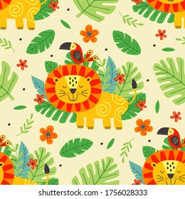 seamless pattern with cute lion and parrot -  vector illustration, eps