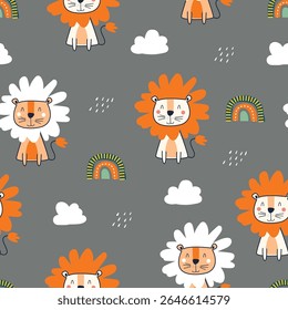 Seamless pattern with cute lion, rainbow and cloud. Childish and playful characters vector illustration for textile, bedding, apparel, print, stationery background, wrapping paper, clothing and others