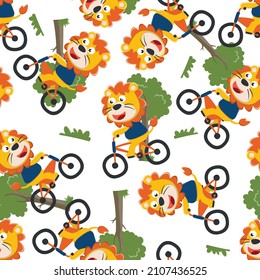 Seamless pattern of cute lion riding a yellow bicycle. Can be used for t-shirt print, kids wear fashion design, invitation card. fabric, textile, nursery wallpaper, poster and other decoration.
