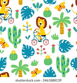 Seamless pattern with cute lion riding a bike and tropical plants on a white background. Vector illustration for kids. Ideal print for fabrics, textiles and gift wrapping