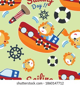 Seamless pattern with cute lion sailor, steering wheel, lifebuoy and lighthouse. Cute Marine pattern for fabric, baby clothes, background, textile, wrapping paper and other decoration.