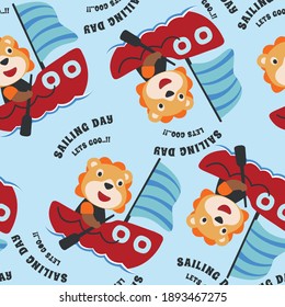 Seamless pattern with cute lion sailor, Cute Marine pattern for fabric, baby clothes, background, textile, wrapping paper and other decoration.