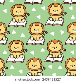 Seamless pattern of cute lion sit on book background.Back to school concept.Wild animal charcter cartoon design.Student.Kid garphic.Kawaii.Vector.Illustration.