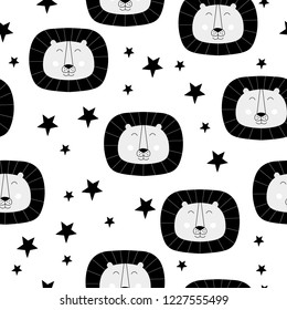 Seamless pattern with cute lion and stars. Leo scandinavian print.