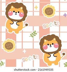 Seamless pattern of cute lion with sunflower and leaf.Checkered pattern.Wild animal character design.Kid cartoon.Pastel.Kawaii.Vector.Illustration.