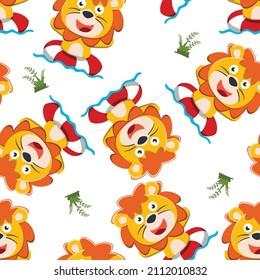 Seamless pattern of cute lion Swimming with a buoy. Animal cartoon concept isolated. Can used for t-shirt, greeting card, invitation card or mascot.