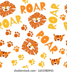 Seamless pattern with cute lion and tiger faces isolated on white background. Flat vector illustration.