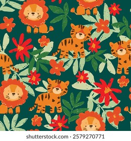 Seamless pattern with Cute Lion and Tiger with Flowers and Leaves  Jungle Kids Illustration