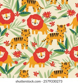 Seamless pattern with Cute Lion and Tiger with Flowers and Leaves  Jungle Kids Illustration