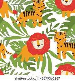 Seamless pattern with Cute Lion and Tiger with Flowers and Leaves  Jungle Kids Illustration