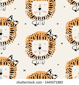 Seamless pattern with cute lion wear the bow. hand drawn vector illustration.