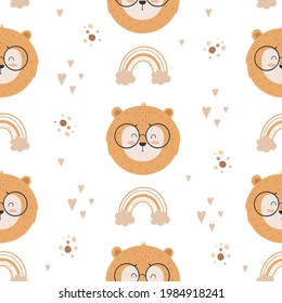 Seamless pattern with cute lion wearing scandinavian style glasses for childrens print