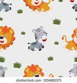 seamless pattern of cute lion and zebra in the jungle. Creative vector childish background for fabric textile, nursery, baby clothes, wrapping paper and other decoration.
