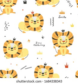 Seamless pattern with cute lions. 