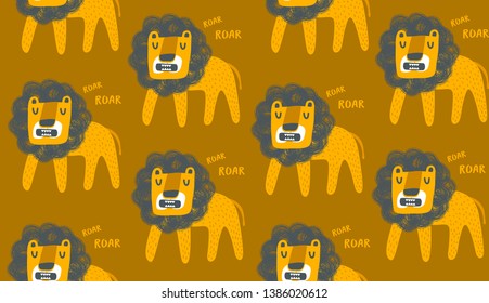 Seamless pattern cute lions in africa. Vector endless background with wild animals.