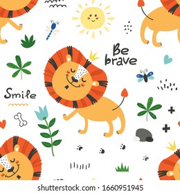 Patrón sin inconvenientes con los leones lindos. Diseño de caricaturas para invitación de cumpleaños, afiche, ropa, arte en la pared infantil y tarjeta.