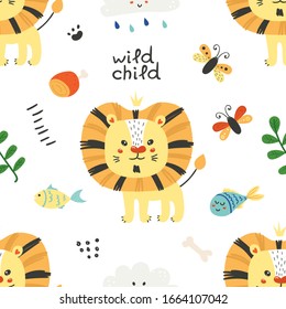 Seamless pattern with cute lions. Cartoon design for birthday invitation, poster, clothing, nursery wall art and card.